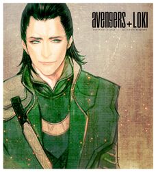  avengers black_hair blue_eyes glowing glowing_eyes green green_hair hair_slicked_back loki_(marvel) male marvel onose1213 realistic smile solo 