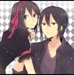  black_hair checkered checkered_background couple durarara!! expressionless hand_on_another&#039;s_face hand_on_another's_face heiwajima_kasuka hijiribe_ruri light_smile looking_back messy_hair pocky1202 raised_eyebrow sparkle 