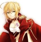  blonde_hair breasts cleavage dress epaulettes fate/extra fate_(series) green_eyes hair_ribbon juliet_sleeves kyou_zip long_sleeves naughty_face puffy_shoulder_long_sleeves puffy_sleeves ribbon saber_extra signature solo 