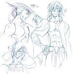  abs adon angry arm_wrap bandage bandages cape character_sheet grin hair_down hair_over_one_eye hikage_mono injury male mongkhon monochrome muscle pectorals smile solo street_fighter 