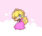  artist_request blonde_hair blue_eyes chibi chocolate chocolate_heart crown dress elbow_gloves gloves heart long_hair lowres nintendo open_mouth princess_peach simo smile solo super_mario_bros. wink 