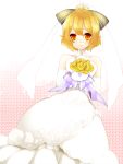  alternate_costume bare_shoulders blonde_hair blush bouquet bow bridal_veil dress elbow_gloves flower gloves hair_bow highres kurodani_yamame red_eyes rose short_hair smile solo touhou veil wedding_dress white_gloves yellow_rose yutazou 