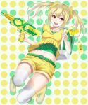  belt blonde_hair bottle c.c._lemon c.c._lemon_(character) hair_ornament hairclip heisei_yutorin highres juice midriff navel original red_eyes shorts solo thigh-highs thighhighs toy_gun twintails white_legwear 