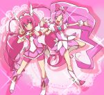  :d antenna_hair bike_shorts blush boots bow bowtie brooch choker color_connection cure_blossom cure_happy dress hair_bow hanasaki_tsubomi head_wings heartcatch_precure! highres hoshizora_miyuki jewelry locked_arms long_hair lppletwo magical_girl multiple_girls open_mouth pink pink_background pink_dress pink_eyes pink_hair ponytail precure puffy_sleeves ribbon shorts_under_skirt skirt smile smile_precure! sparkle tiara twintails v wrist_cuffs 