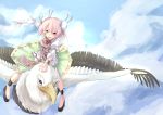  bandage bandages bird chain chains cloud clouds cuffs double_bun eagle flower flying ibaraki_kasen long_sleeves looking_at_viewer manacles open_mouth outstretched_arm pink_eyes pink_hair red_rose rose saraki short_hair sitting skirt sky smile solo tabard thorns touhou 