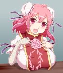  bandage bandages breast_rest breasts double_bun flower hands_on_own_chest highres ibaraki_kasen kairakuen_umenoka large_breasts looking_at_viewer open_mouth pink_eyes pink_hair pink_rose rose shackle short_hair solo tabard tougall touhou 
