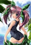  :d absurdres ass bare_shoulders blue_sky blush cloud clouds copyright_request curvy green_eyes hair_ribbon highres komatsu_eiji long_hair looking_back open_mouth plaid purple_hair ribbon school_swimsuit sky smile solo striped striped_legwear swimsuit thigh-highs thighhighs twintails water white_legwear 