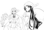  akiyama_mio black_eyes black_hair blood blush hair_down hairband hairband_removed headwear_removed k-on! kotobuki_tsumugi long_hair lying monochrome multiple_girls nome_(nnoommee) nosebleed open_mouth santa_costume santa_hat school_uniform shy simple_background snowman tainaka_ritsu uniform 