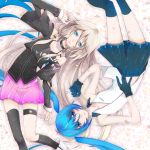  aqua_eyes aqua_hair blue_eyes braid choker gloves hatsune_miku ia_(vocaloid) long_hair looking_at_viewer looking_up lying multiple_girls necktie nitto on_back pink_hair shiro_(nitto) single_thighhigh skirt thigh-highs thigh_strap thighhighs twin_braids twintails very_long_hair vocaloid 