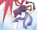  armpits asymmetrical_wings barefoot black_hair blurry breasts depth_of_field feet hair_over_one_eye hand_on_forehead houjuu_nue ishikkoro leg_lift lying on_back one-piece_swimsuit pointy_ears red_eyes school_swimsuit short_hair solo swimsuit touhou wings 