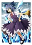  501092-taka blue_hair bow cirno grey_eyes hair_bow hands_on_hips highres icicle looking_at_viewer open_mouth pyonta shirt short_hair smile solo touhou wings 