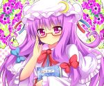  adjusting_glasses bespectacled blush book bow capelet crescent flower glasses hair_ribbon hat long_hair patchouli_knowledge purple_eyes purple_hair ribbon shinekalta solo touhou violet_eyes 