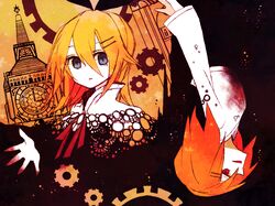  blonde_hair blue_eyes bow clock clock_tower dress gears hair_ornament hairclip kagamine_rin red_eyes roku_roku_(greentea66) tower vocaloid 