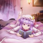  bed book bow broom chair crescent cup curtains desk dress hair_bow hat kirisame_marisa lamp leg_up long_hair lying multiple_girls on_stomach open_book patchouli_knowledge pillow purple_eyes purple_hair reading saucer sen_kagura shadow silhouette socks teacup touhou violet_eyes wavy_mouth white_legwear 