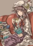  book couch crescent cup dress highres long_hair nu_ma patchouli_knowledge plate purple_eyes purple_hair sitting smile solo spoon teacup touhou violet_eyes 