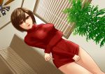  1girl breasts brown_eyes brown_hair dutch_angle hamura_mayu indoors large_breasts lips looking_at_viewer meiko naked_sweater parted_lips ribbed_sweater short_hair solo sweater taut_shirt thigh_gap vocaloid 