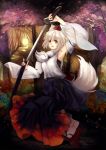  1girl animal_ears arm_up armpits cherry_blossoms detached_sleeves forest hat highres inubashiri_momiji katana ken_(coffee_michikusa) long_sleeves nature red_eyes sheath shirt short_hair short_sleeves silver_hair skirt solo sword tail tokin_hat touhou unsheathing weapon white_hair wide_sleeves wolf_ears wolf_tail 