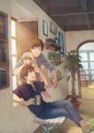  ahoge annoyed arm_up axis_powers_hetalia barefoot book brown_hair chair cup frown green_eyes hair_intakes holding indoors italian_flag jeans jewelry long_sleeves looking_up male mug multiple_boys necklace open_mouth pants plant potted_plant shirt short_sleeves sitting sleeves_rolled_up slippers smile southern_italy_(hetalia) spain_(hetalia) spanish_flag toenails toes window wooden_floor zukki_(suzukio) 