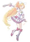  bad_id blonde_hair boots bow brooch character_name choker closed_eyes crazyzoe cure_rhythm earrings eyes_closed fantastic_belltier frills hair_bow hairband highres jewelry long_hair magical_girl minamino_kanade precure skirt smile solo suite_precure white_background wrist_cuffs 