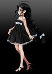  ahoge bare_shoulders black black_dress black_hair blue_eyes braid choker copyright_request dress gradient gradient_background high_heels katahira_masashi long_hair open_shoes shoes solo strapless_dress twin_braids 