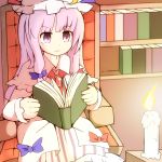  book bookshelf bow candle dress hair_bow hat long_hair patchouli_knowledge purple_eyes purple_hair reading sitting solo striped striped_dress touhou violet_eyes yamase 