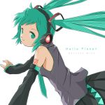  character_name detached_sleeves floating_hair green_eyes green_hair hatsune_miku headphones headset hello_planet_(vocaloid) highres kowiru necktie simple_background solo twintails vocaloid white_background 