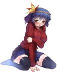  alternate_costume between_legs black_legwear blush breasts danbo_(rock_clime) hand_between_legs homeless_mk_ii large_breasts looking_at_viewer open_mouth purple_hair red_eyes ribbed_sweater short_hair simple_background sitting skirt solo sweater tears thigh-highs thighhighs touhou wariza white_background yasaka_kanako 