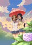  akiyama_mio black_hair blush brown_eyes brown_hair cloud clouds flower girock hairband holding k-on! leaf long_hair multiple_girls school_uniform skirt sky tainaka_ritsu umbrella water 