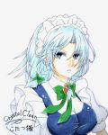  artist_name blue_eyes bow braid breasts brooch bust crystal_clear dress_shirt erect_nipples hair_bow iazyoi_sakuya izayoi_sakuya jewelry large_breasts looking_at_viewer maid_headdress parted_lips puffy_sleeves shirt short_hair short_sleeves silver_hair simple_background solo touhou twin_braids vest white_background 