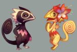  alternate_color angry black_skin chameleon creature eye_contact eyelashes flower full_body hair_flower hair_ornament hand_on_hip hips kecleon looking_at_another no_humans not_shiny_pokemon pmd-explorers pokemon pokemon_(creature) purplekecleon smile standing yellow_skin 
