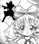  :} arukime bow drill_hair hair_bow hina_ichigo monochrome outstretched_hand rozen_maiden silhouette smile solo 