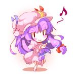  blush chibi crescent dress hat long_hair mintmochi_(artist) musical_note patchouli_knowledge purple_hair smile solid_oval_eyes solo touhou 