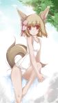  animal_ears bow brown_hair hair_bow hands_clasped one-piece_swimsuit original red_eyes school_swimsuit sitting solo swimsuit tail white_school_swimsuit yumesato_makura 