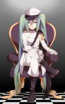  boots chair checkered checkered_floor crossed_legs gloves green_hair hat hatsune_miku legs_crossed long_hair military military_uniform oniyama831 peaked_cap sitting solo twintails uniform very_long_hair vocaloid 