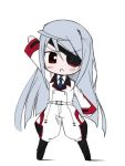  :&lt; blush boots chibi drawfag eyepatch infinite_stratos laura_bodewig long_hair lowres necktie pants red_eyes silver_hair solo uniform waving 