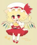  ascot bad_id blonde_hair chibi fang flandre_scarlet haru_(kyou) hat hat_ribbon heart looking_at_viewer open_mouth red_eyes ribbon shirt short_sleeves side_ponytail skirt skirt_set smile solo striped striped_background touhou vest wings wrist_cuffs wrist_ribbon 