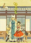 2girls animal_ears brown_eyes brown_hair cat cat_ears cat_tail chen cropped dress earring fox_tail hat japanese_architecture md5_mismatch multiple_tails nakatani shoes short_hair smile tail too_many_cats touhou yakumo_ran yellow_eyes 