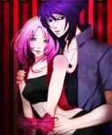  bare_shoulders bdsm blush bondage breasts goma_(pixiv4383537) haruno_sakura long_hair midriff naruto naruto:_road_to_ninja open_mouth parted_lips pink_hair purple_hair ribbon short_hair uchiha_sasuke 