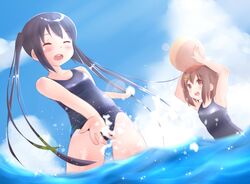  black_hair brown_eyes brown_hair closed_eyes eyes_closed hirasawa_yui k-on! long_hair multiple_girls nakano_azusa school_swimsuit short_hair splash splashing swimsuit tateshina twintails 