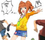  2boys a1 brown_hair casual commentary green_eyes idolmaster legs motion_blur open_mouth running short_hair standing sweat takatsuki_yayoi text thought_bubble translated twintails 