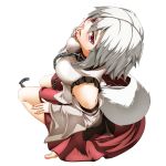  barefoot breasts chain chains collar detached_sleeves from_above hand_on_own_face icf inubashiri_momiji leash mazuka_kei no_hat no_headwear red_eyes short_hair simple_background skirt solo tail tears touhou white_background white_hair wolf_tail 