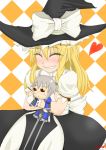  1girl ahoge blonde_hair blush blush_stickers bow braid bridal_gauntlets closed_eyes doll eyes_closed frills glasses grin hat hat_bow heart highres kirisame_marisa long_hair long_sleeves matsura_(nagatosan) morichika_rinnosuke short_hair silver_hair single_braid smile touhou witch witch_hat yin_yang 