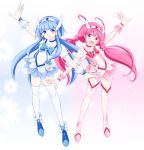  aoki_reika arm_up blue_dress blue_eyes blue_hair boots bow chocomelon choker color_connection cosplay cure_beauty cure_blossom cure_blossom_(cosplay) cure_happy cure_marine cure_marine_(cosplay) dress head_wings heartcatch_precure! highres hoshizora_miyuki long_hair magical_girl multiple_girls pink_dress pink_eyes pink_hair precure ribbon shoes skirt smile smile_precure! symmetry thigh-highs thigh_boots thighhighs tiara twintails white_background white_legwear 