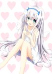  ahoge aqua_eyes bare_legs bare_shoulders blue_eyes dress hair_ribbon highres kudrove long_hair original panties pantyshot pantyshot_(sitting) pantyshot_sitting ribbon sitting solo underwear very_long_hair white_dress white_hair white_panties wings 