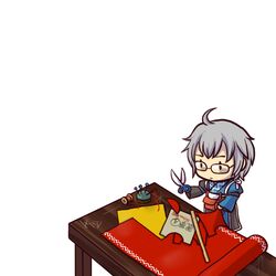  ahoge chibi glasses male morichika_rinnosuke pins pouch ruler scissors short_hair silver_hair socha solo table thread touhou 