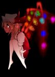  bare_legs barefoot blonde_hair darkness flandre_scarlet glowing glowing_wings hat hat_ribbon leg_hug mattari_yufi red_eyes ribbon shirt side_ponytail skirt skirt_set skull solo touhou wings 