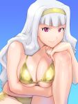  bare_shoulders bikini breast_press breasts chin_rest cleavage hairband idolmaster large_breasts leg_hug long_hair looking_at_viewer pink_eyes shijou_takane side-tie_bikini silver_hair smile solo swimsuit ueyama_michirou underboob yellow_bikini 