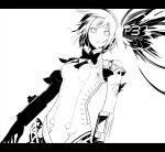  404_(artist) aegis android armband ascot elbow_gloves gloves high_contrast highres monochrome persona persona_3 robot robot_joints short_hair solo title_drop torn_clothes torn_gloves 