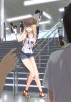  against_railing blonde_hair breasts cabbie_hat cellphone cellphone_camera cleavage clothes_writing cutoffs denim denim_shorts fashion glasses green_eyes hat hoshii_miki idolmaster open_shoes phone pointing pointy_ears sandals shorts smile 