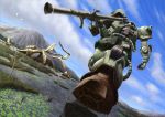  absurdres bazooka bird cloud damaged dutch_angle gundam highres mecha medea_(gundam) mobile_suit_gundam mountain realistic science_fiction sky swamp weapon zaku zaku_ii zaku_ii_f/j 